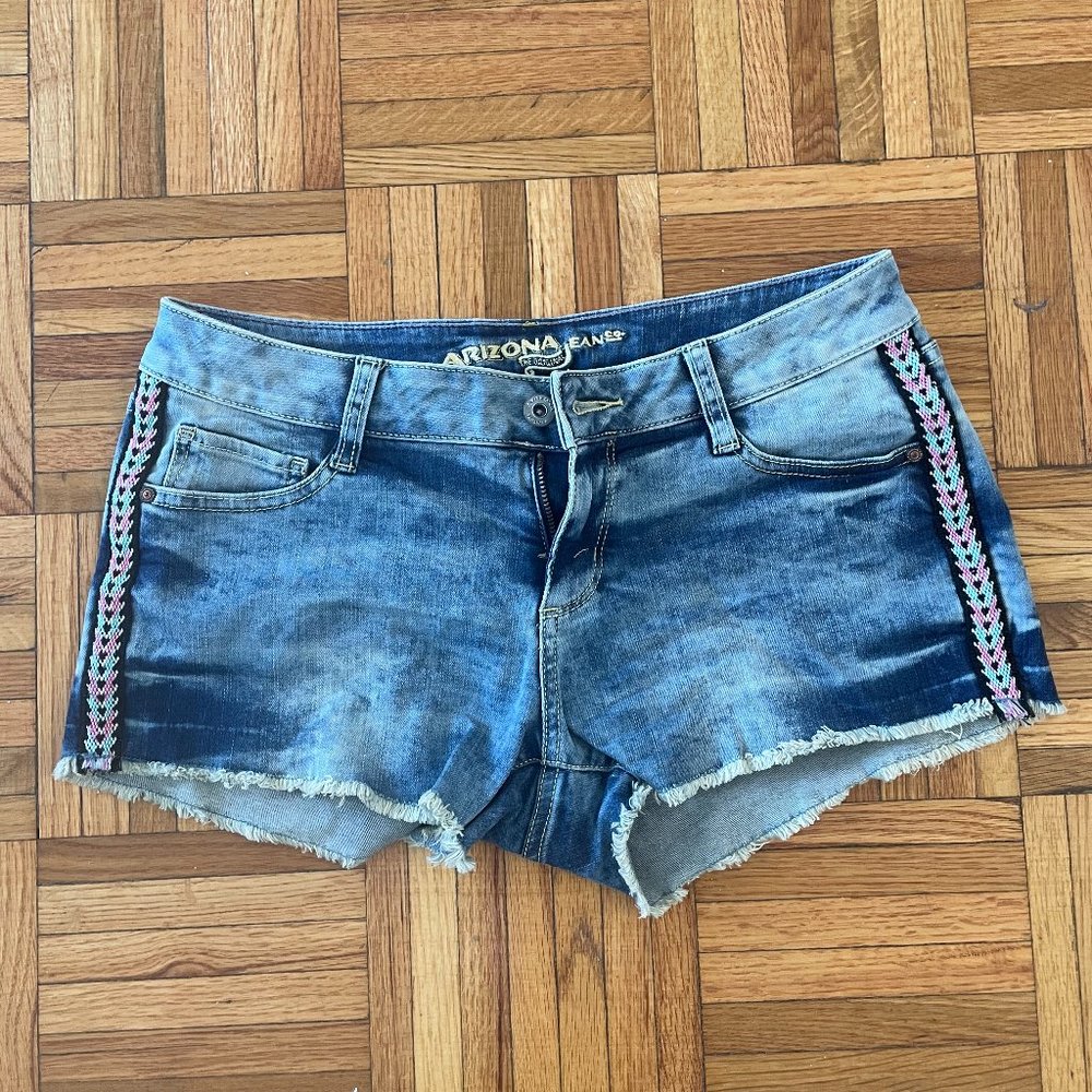 Jean shorts with pink/blue stitched sides, size 7